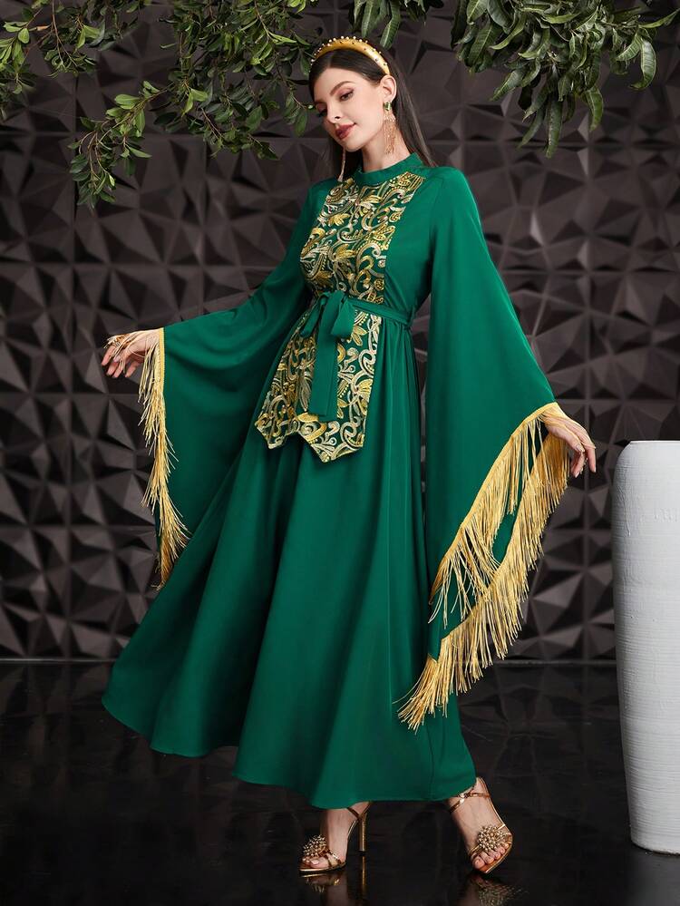 Women's Arabic Style Embroidery Patchwork & Fringe Decorated Flare Sleeve Dress, Elegant Evening Party Dress Kaftan Jalabiya Dress