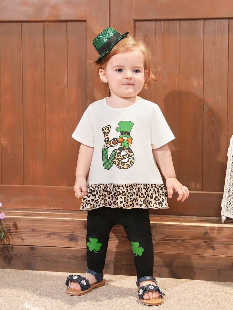 Baby Girl Leopard Patchwork Short Sleeve Top With Ruffle Trim And Tight Pants Casual Outfit