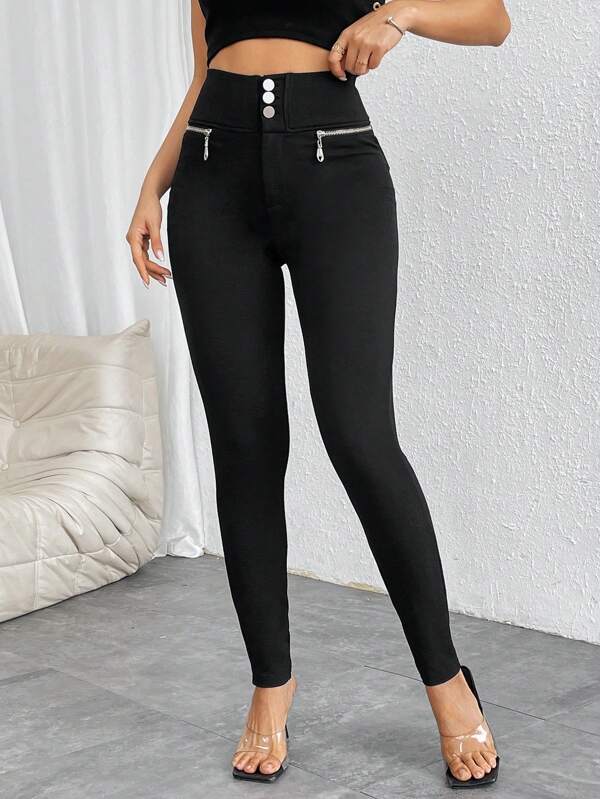 Firerie Women's High Waisted Buttons & Zipper Decor Stretchy Skinny Pants