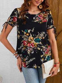 EMERY ROSE Của phụ nữ Ngắn tay Đen In hoa Áo sơ mi Với Vòng cổ Cho mùa hè - Nhiều màu - Xem 1