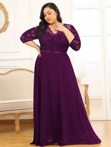 大碼蕾絲拼接後拉鏈連衣裙 - 紫紅色 - 查看 7