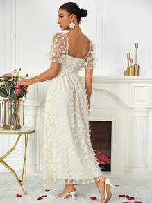 SHEIN Belle 泡泡袖蝴蝶網紗伴娘服 - 杏色 - 查看 2
