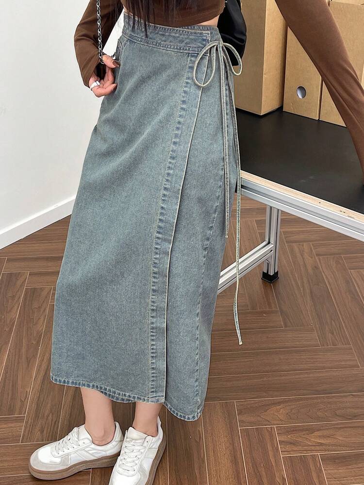 Women's Wrap Tie Denim Skirt Jeans Skirt