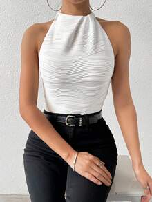 Chiquease Débardeur À Col Halter Pour Femme, Uni Couleur Unie Avec Tissu Texturé - Blanc - Voir 6