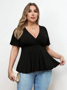 SHEIN Privé Camiseta de punto con cuello en V profundo y corte en A con costilla para tallas grandes - Negro - Ver 4