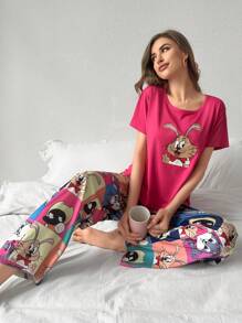 Cute Cartoon Printed Pajamas Set - Hot Pink - View 3