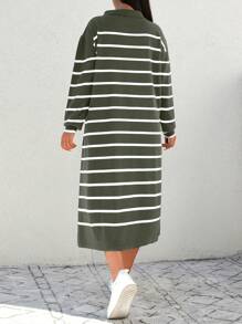 SHEIN Cottnline Plus Size Color Block Striped Drop Shoulder Sweater Dress - Olive Green - View 2