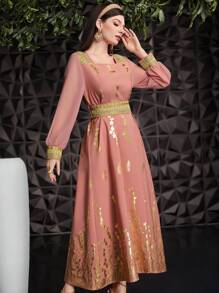 Al Najma Quý cô Vàng Hoa Cổ vuông Đầm - Hồng - Xem 6