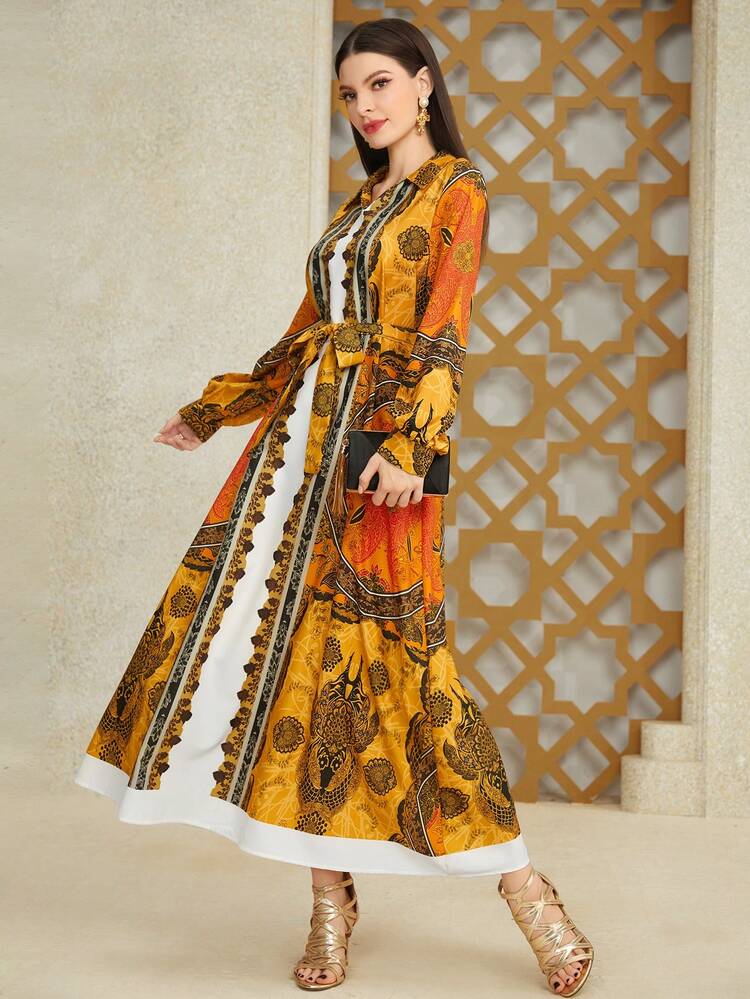 Women's Vintage Printed Lantern Sleeve Dress