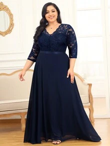 MIUSOL 加大花朵蕾丝撞色雪纺七分袖正式派对长裙、节日女式长裙、优雅女式派对裙、正式晚礼服、舞会礼服、婚礼宾客、毕业典礼、晚宴 - 藏蓝色 - 查看 3