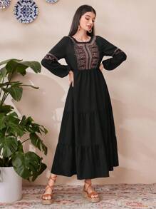 Al Najma 女款定位花卉图案灯笼袖连衣裙 - 黑色 - 查看 8