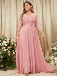 MIUSOL Plus Contrast Floral Lace V-Neck Chiffon Zip Back Formal Party Dress - Pink - View 1