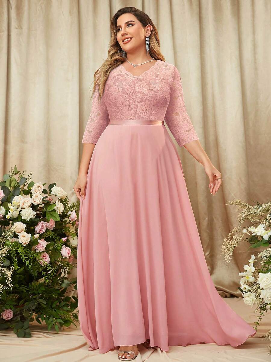 MIUSOL Plus Contrast Floral Lace V-Neck Chiffon Zip Back Formal Party Dress - Pink - View 1