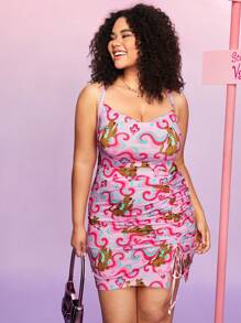 SCOOBY-DOO X SHEIN Vestido Con Cordón Fruncido Con Dibujo Animado Y Dobladillo Dividido Para Mujer Plus - Multicolor - Ver 3