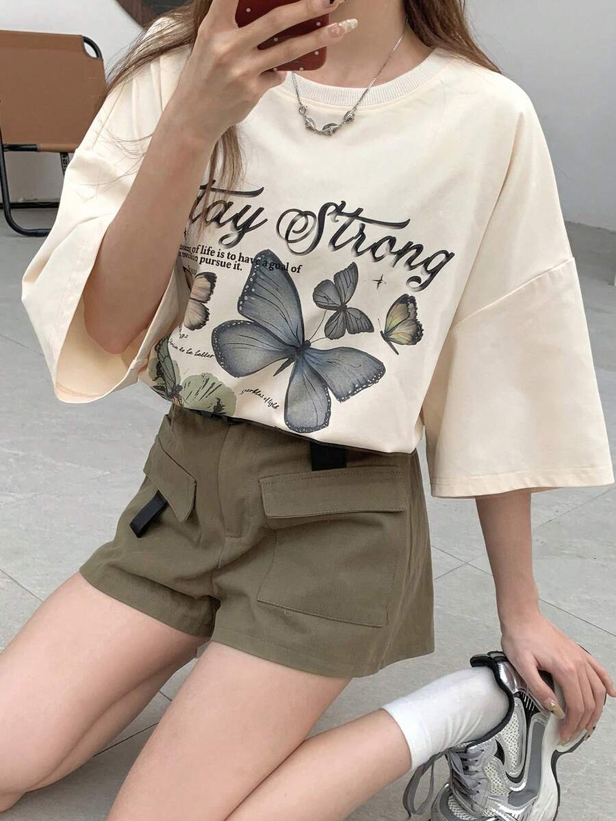 DAZY Butterfly And Slogan Printed Round Neck Drop Shoulder Loose T-Shirt - White - View 1