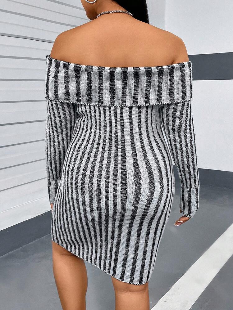 Plus Size Women's Off-Shoulder Long Sleeve Sweater Dress