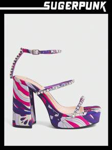 Sugerpunk Phụ nữ màu tím đính kim cương giả trang trí dép gót dày mùa hè Giày đi nghỉ giảm giá mùa hè - Màu tím - Xem 1