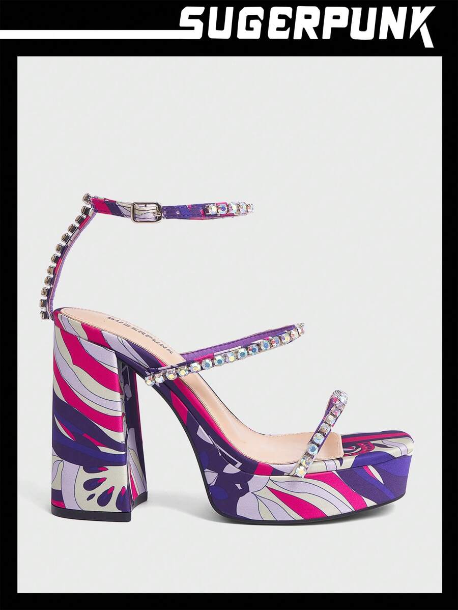 Sugerpunk Phụ nữ màu tím đính kim cương giả trang trí dép gót dày mùa hè Giày đi nghỉ giảm giá mùa hè - Màu tím - Xem 1