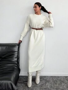 EURMUSE Solid Drop Shoulder Sweater Dress Without Belt - Beige - View 5