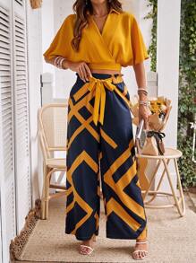 SHEIN Clasi Ladies' Solid Color Cropped Top With Collar And Geometric Pattern Pants Set
