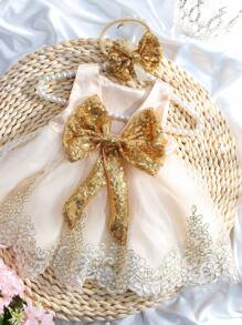 SHEIN 2pcs Newborn Baby Girls' Glitter Bow Decorated Embroidery Mesh Splice Dress With Headband For Photography - Champagne - View 6