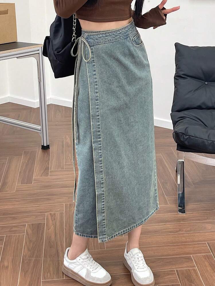 Women's Wrap Tie Denim Skirt Jeans Skirt