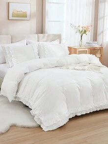 3入組雙層褶邊聚酯纖維被套,含1條蕾絲邊床裙 - 白色 - 查看 14