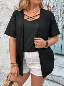 EMERY ROSE Plus Size Women's Embroidery Patchwork Cross V-Neck T-Shirt