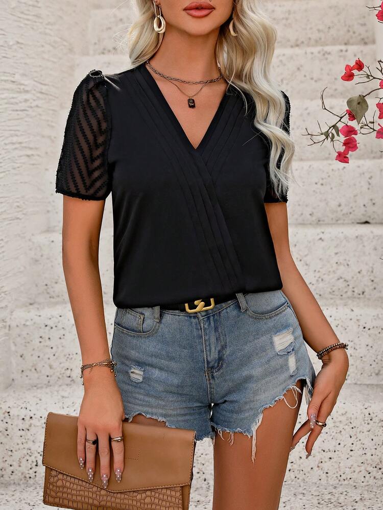 Solid Color Pleated Short Sleeve Shirt