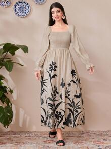 Mulvari Women's Plant Printed Shirred Top Half Sleeve Dress - Khaki - View 1