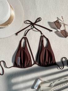 SHEIN Swim 女士性感三角形镂空比基尼上衣夏季 - 咖啡棕 - 查看 2