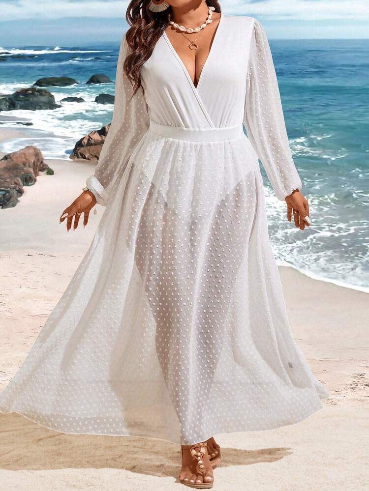 Plus Size Women's Floral Cutout Deep V-Neck Long Sleeve Jumpsuit