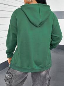 Flirla Plus Size Kangaroo Pocket Drop Shoulder Split Hem Sweatshirt - Dark Green - View 2