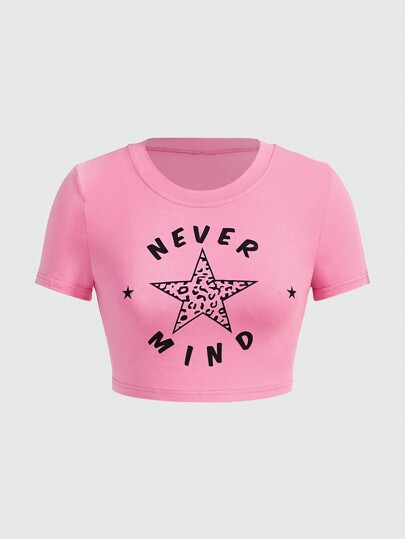 Kawaii Star & Letter Printed Cropped T-Shirt