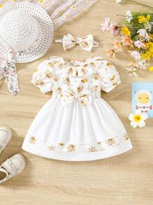 Baby Girl Lovely Bee Print Bubble Sleeve Princess Dress With Bow Headband For Summer