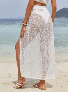 SHEIN Frenchy Summer Outfits Lace Split Cover Up Skirt Beach Smock - White - View 3
