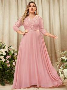 MIUSOL Plus Contrast Floral Lace V-Neck Chiffon Zip Back Formal Party Dress - Pink - View 3