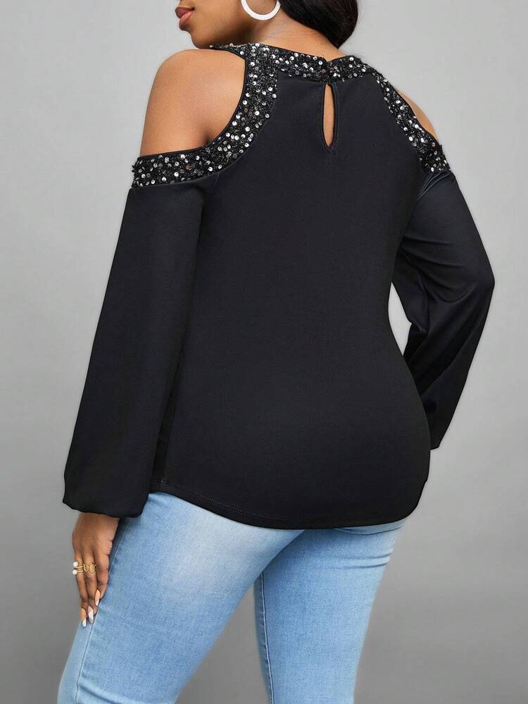 Glitter Decor Cut-out Shoulder Lantern Sleeve T-shirt