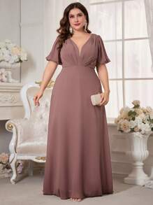 Plus Size V-Neck Pleated Chiffon Evening Dress - Dusty Pink - View 6