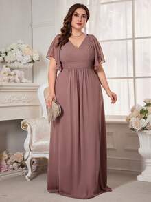 Spaghetti Strap Pressed Ruched Waist Chiffon Bridesmaid Dress - Dusty Pink - View 6