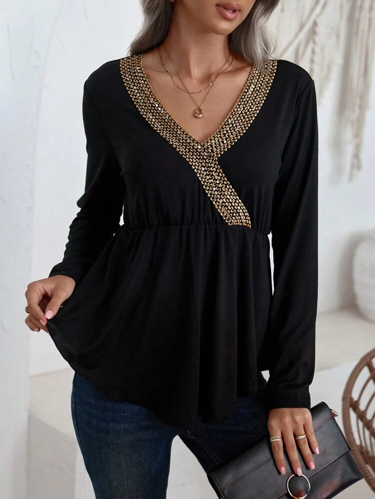 Woven Tape Spliced Curved Hem T-Shirt Fall Cloth For Women