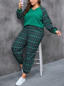 SHEIN LUNE Plus Plaid Print Raglan Sleeve Sweatshirt & Pants - Multicolor - View 3