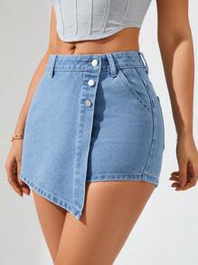 Women's Solid Color Button-Wrap Denim Skort - Medium Wash - View 3