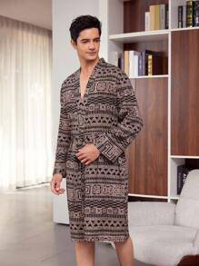 Men's Geometric Patterned Bathrobe For Home Use