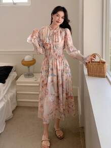 DAZY Floral Printed Frill-Edge Self-Tie Neck Ladies' Dress,Ruffle,Fall Clothes Long Sleeve Dress Maxi Dress - Multicolor - View 1