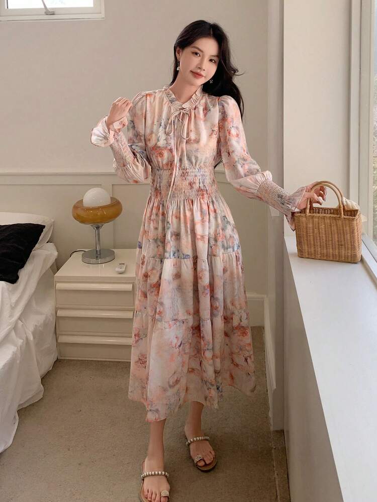 Floral Printed Frill-Edge Self-Tie Neck Ladies' Dress,Ruffle,Fall Clothes Long Sleeve Dress Maxi Dress