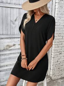 SHEIN LUNE Vestido De Color Sólido Con Mangas Amplias - Negro - Ver 7
