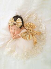 SHEIN 2pcs Newborn Baby Girls' Glitter Bow Decorated Embroidery Mesh Splice Dress With Headband For Photography - Champagne - View 1