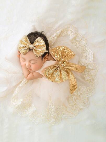 SHEIN 2pcs Newborn Baby Girls' Glitter Bow Decorated Embroidery Mesh Splice Dress With Headband For Photography