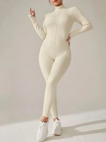 SHEIN Daily&Casual Solid Color Long Sleeve Thumb Hole Sports Jumpsuit - Beige - View 1